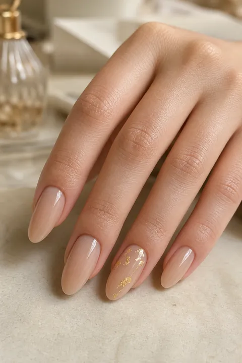 Milk-tea nude gel set with a single gold-leaf accent nail